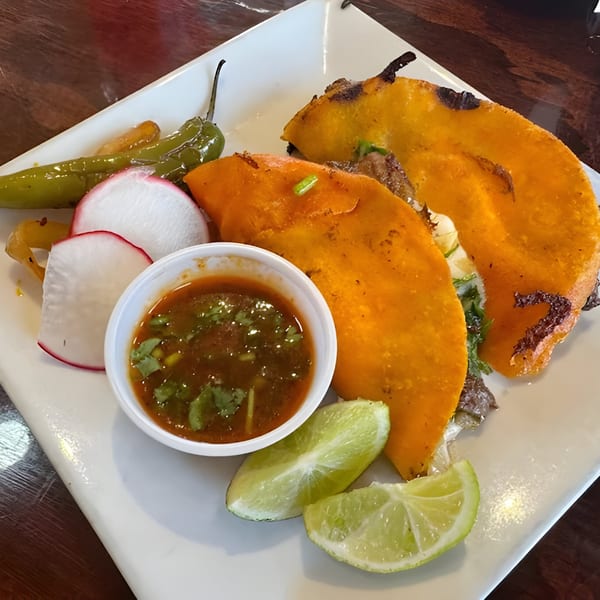 Two birria tacos with a side of salsa, lime wedges, radishes, and grilled peppers.